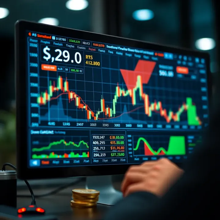 Graph showing simulated financial trading with virtual currency on a digital screen