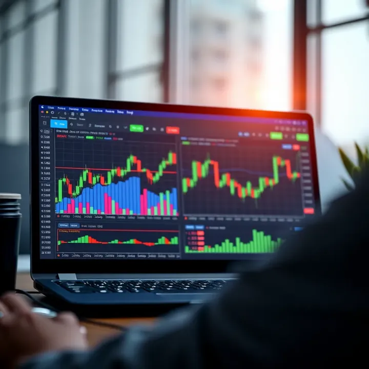Illustration of a digital interface displaying trading charts and data for testing investment strategies