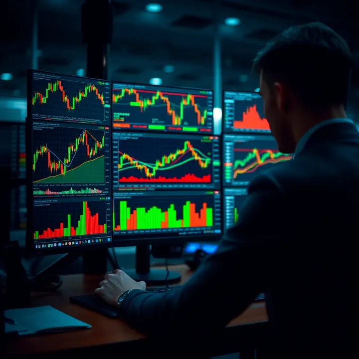 Trader using computer with multiple financial charts and indicators on screen