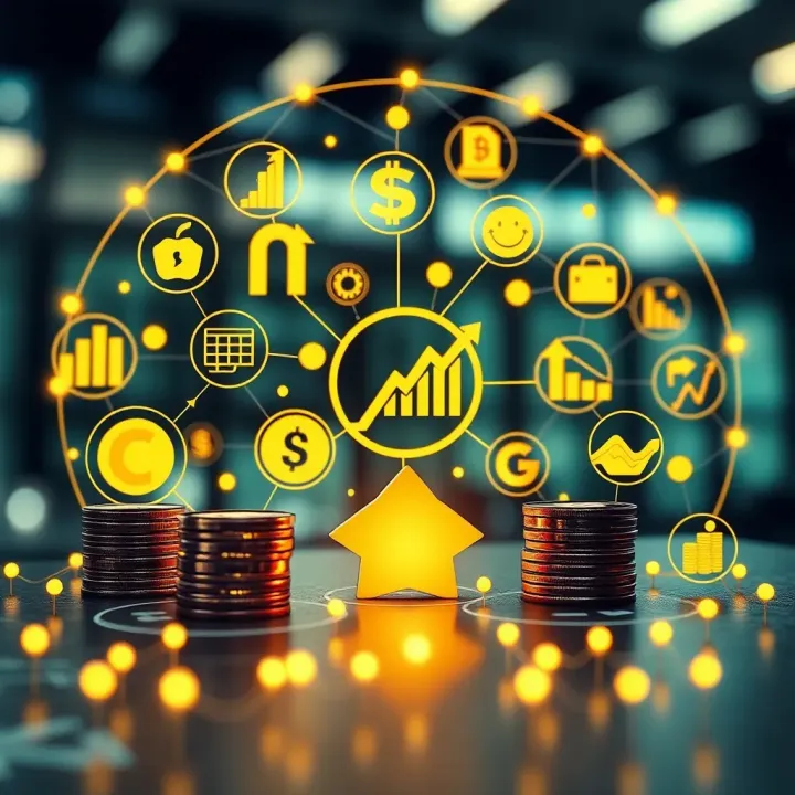 Key Features of Copy Trading Platforms Illustration of various financial assets connected through a digital network representing copy trading platform features