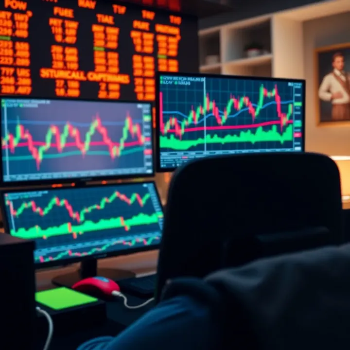 Trading workstation displaying multiple screens with real-time market data and candlestick charts
