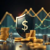 Financial risk management concept with shield and currency symbols representing protection of assets