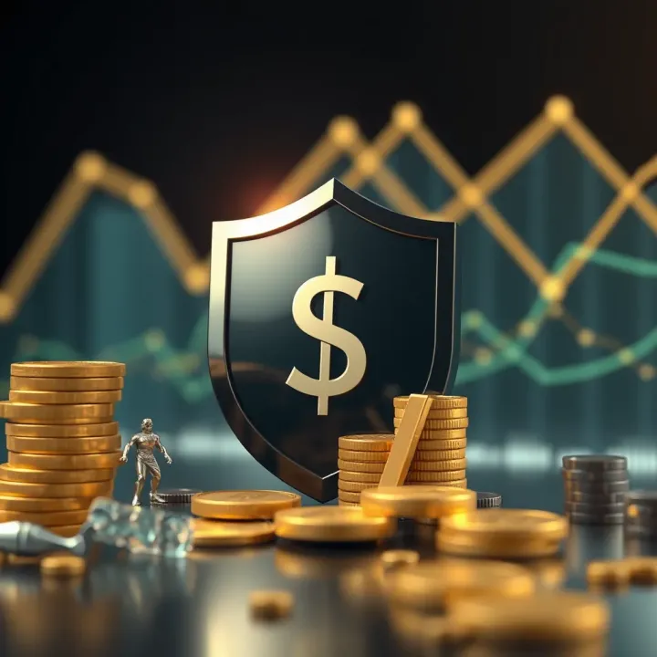 Financial risk management concept with shield and currency symbols representing protection of assets