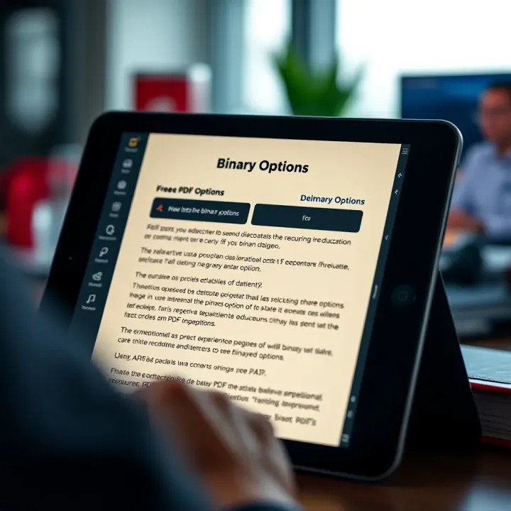 Digital device showing free PDF resources and educational content about binary options