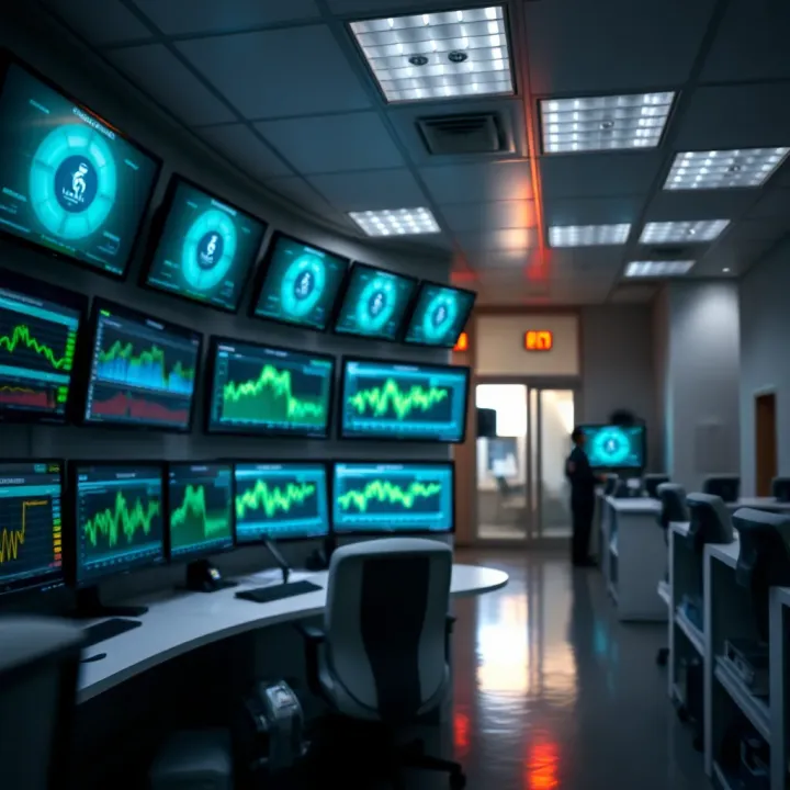 Hospital Risk Management Monitoring Center Hospital control room with screens displaying risk assessment data for patient safety