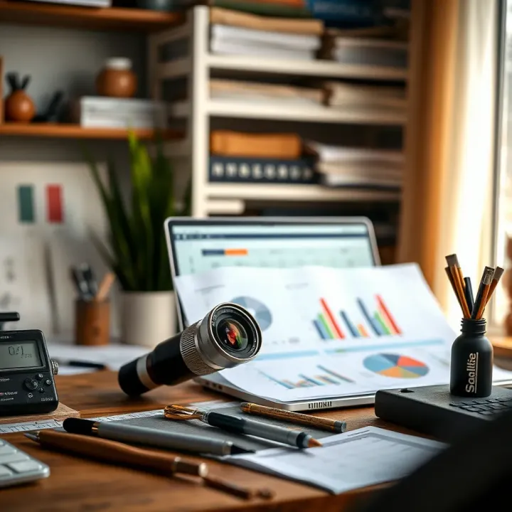 Toolkit of essential market research instruments and software on a workspace