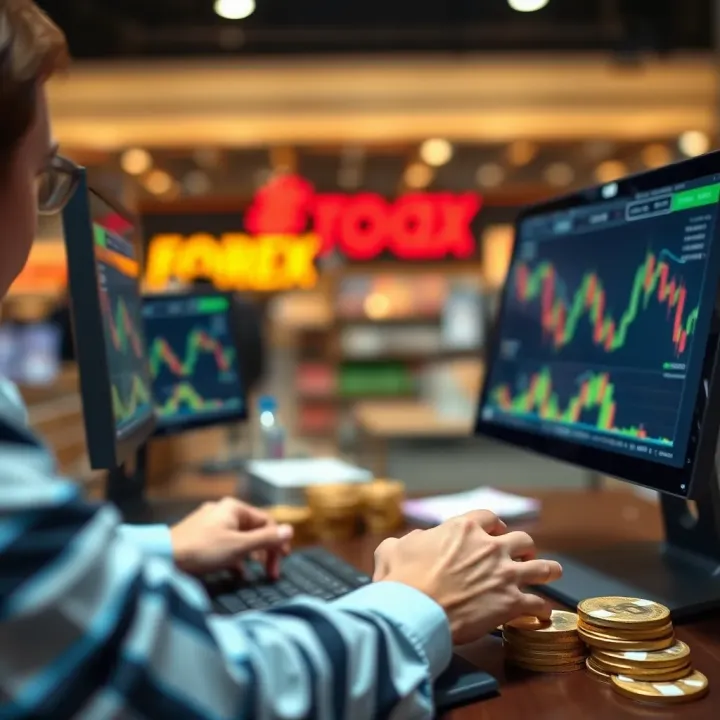 Conceptual illustration of practicing currency exchange strategies using a computer with digital currency symbols