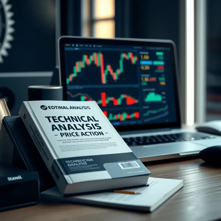 Technical Analysis and Price Action Learning Materials Desk setup with a technical analysis book and a laptop displaying price charts