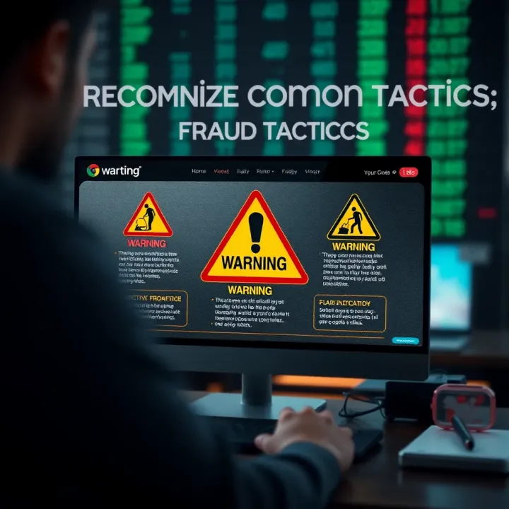 Graphic depicting common online fraud tactics in binary options trading with warning signs