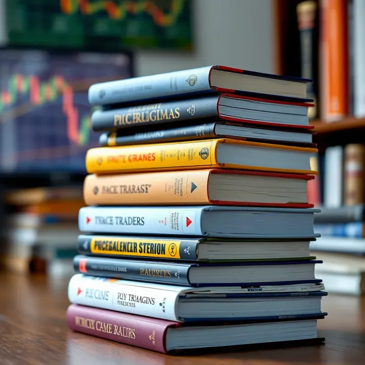 Recommended Price Action Trading Books for Brazilian Traders Stack of financial books with charts and graphs on covers, symbolizing trading knowledge