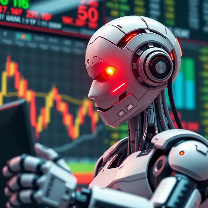 Illustration showing binary options trading automation with a digital robot analyzing market charts