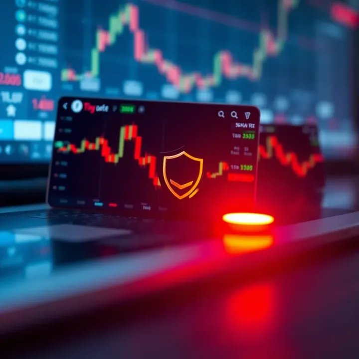 Illustration of a secure trading platform with shield icons representing safety measures