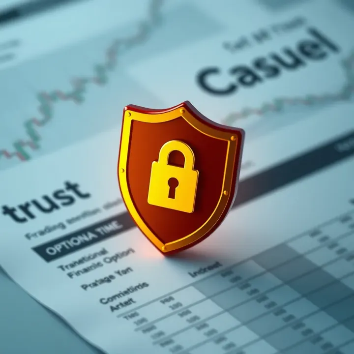 Ensuring Security and Trust in Binary Options Brokerage Illustration of a secure shield symbol over a financial document representing trust and safety in trading