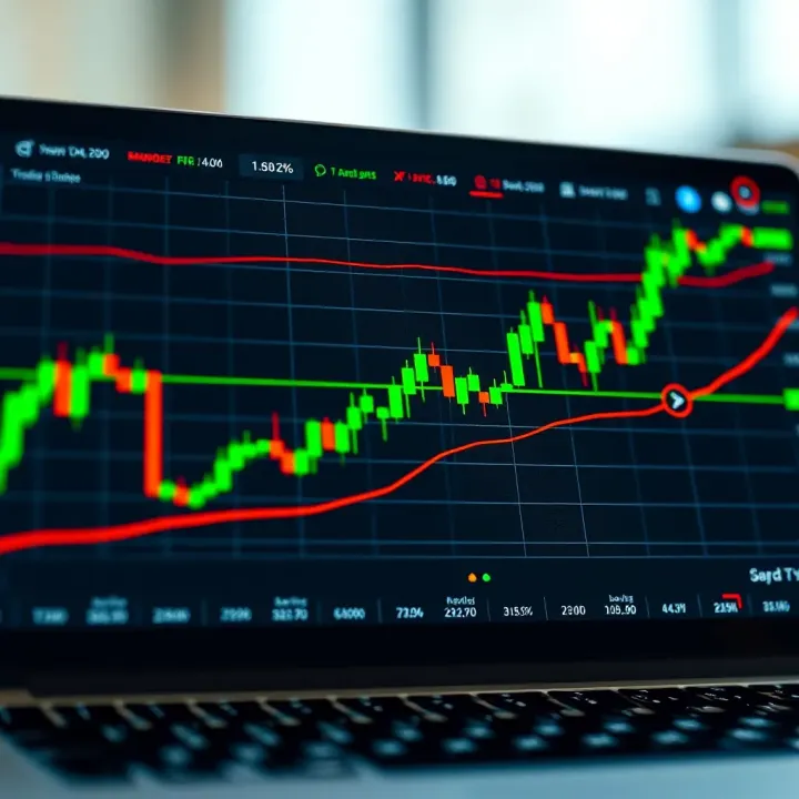 Graph showing simulated trading performance with upward trend and green candlesticks