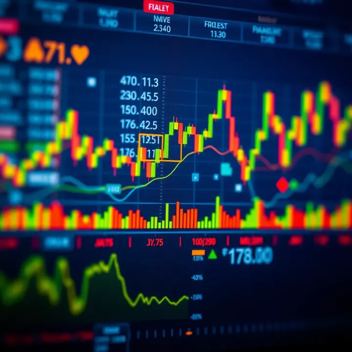 Creative themed wallpaper featuring financial charts and digital stock symbols