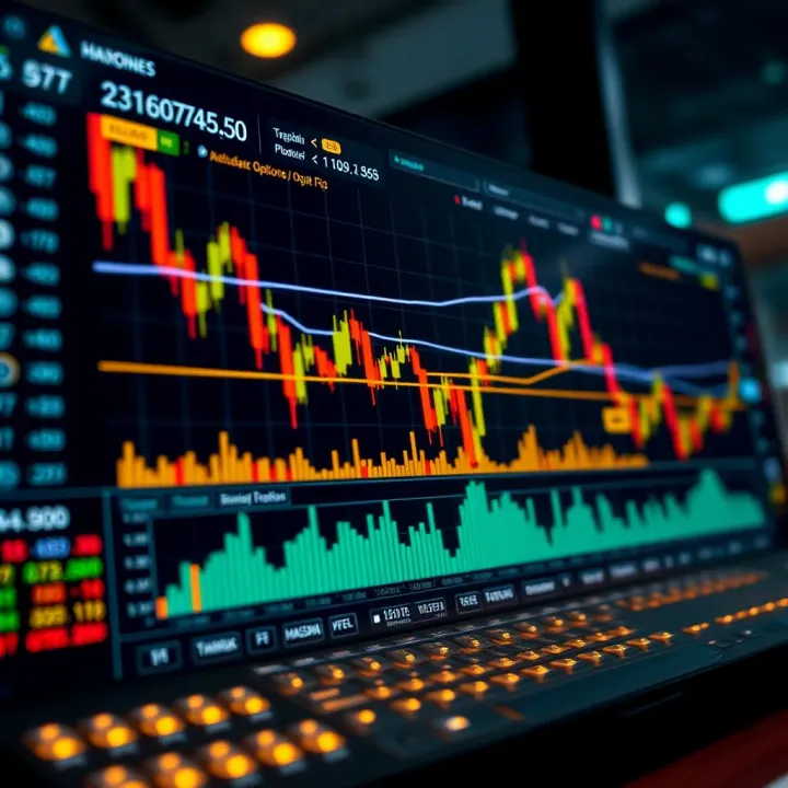 Graphical representation of binary options trading platform interface with charts and data