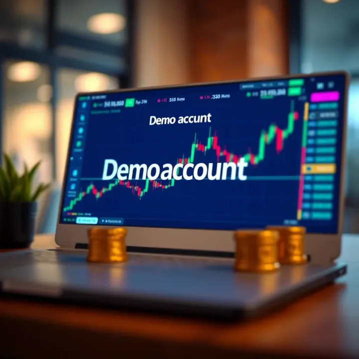 Illustration showing a digital trading platform with virtual funds labeled as demo account