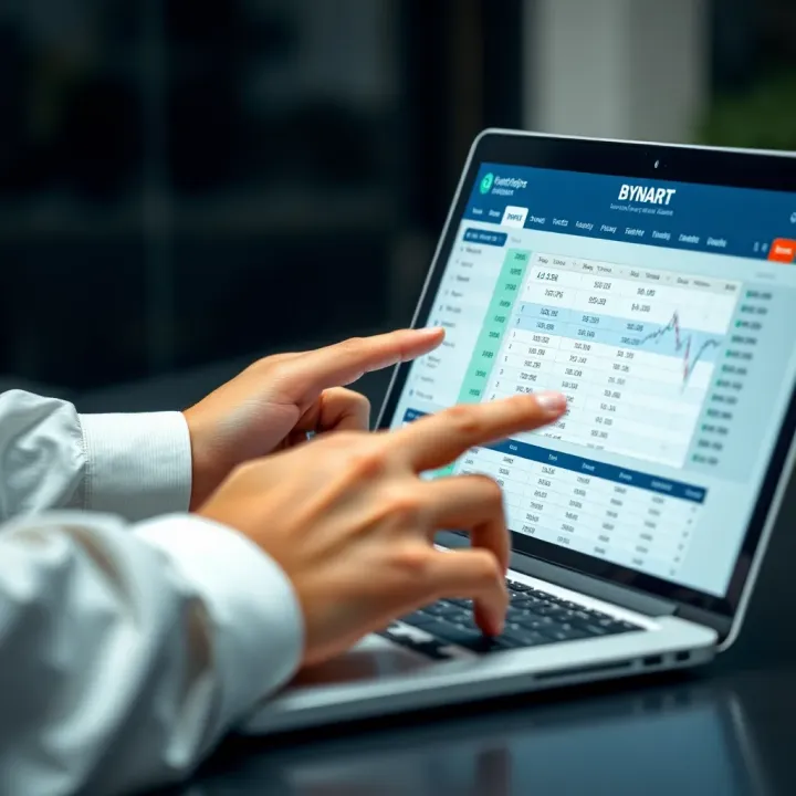 User interacting with a laptop showing a binary options tracking spreadsheet and market analysis