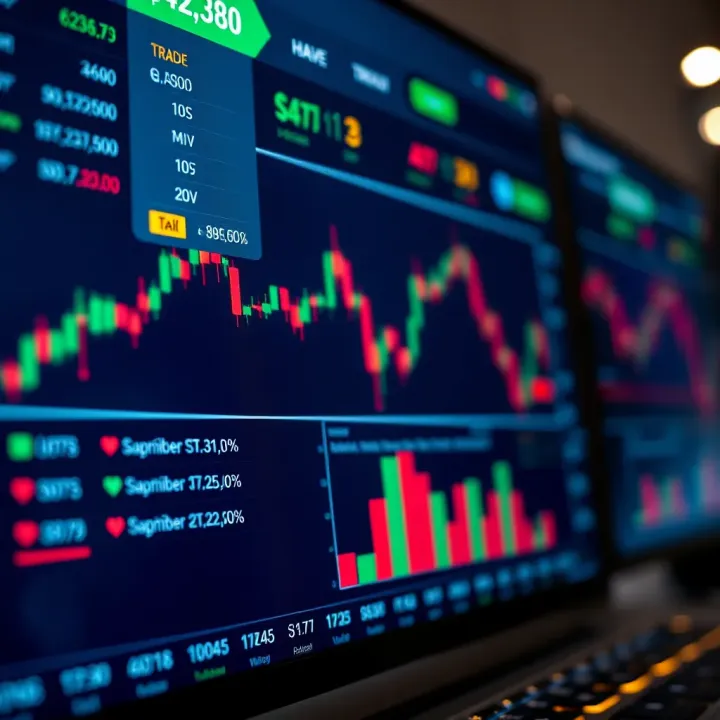 Close-up of a virtual trading dashboard illustrating simulated market data and trade options