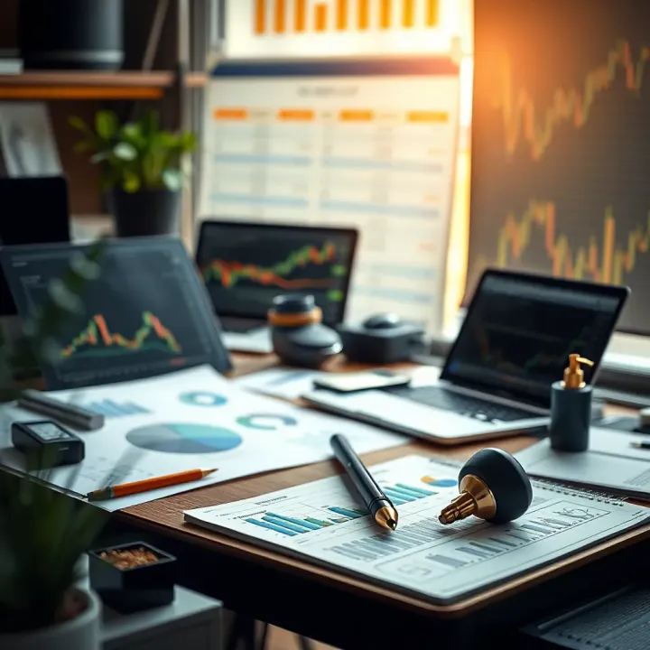 Workspace with charts, laptop, and notes illustrating market data analysis